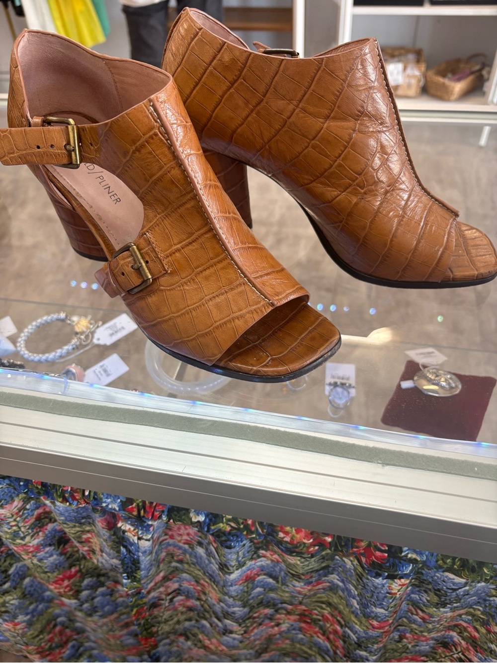 Donald J. Pliner Tan Croc-Embossed Peep-Toe Mules